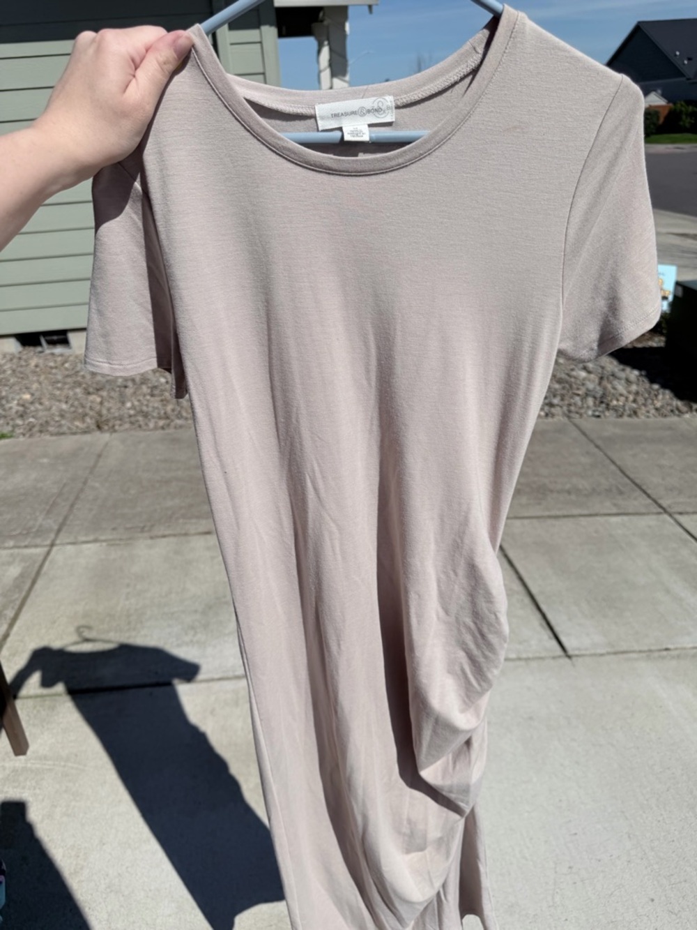 Treasure & Bond Short Sleeve Scoop Neck Tee Dress in Light Taupe